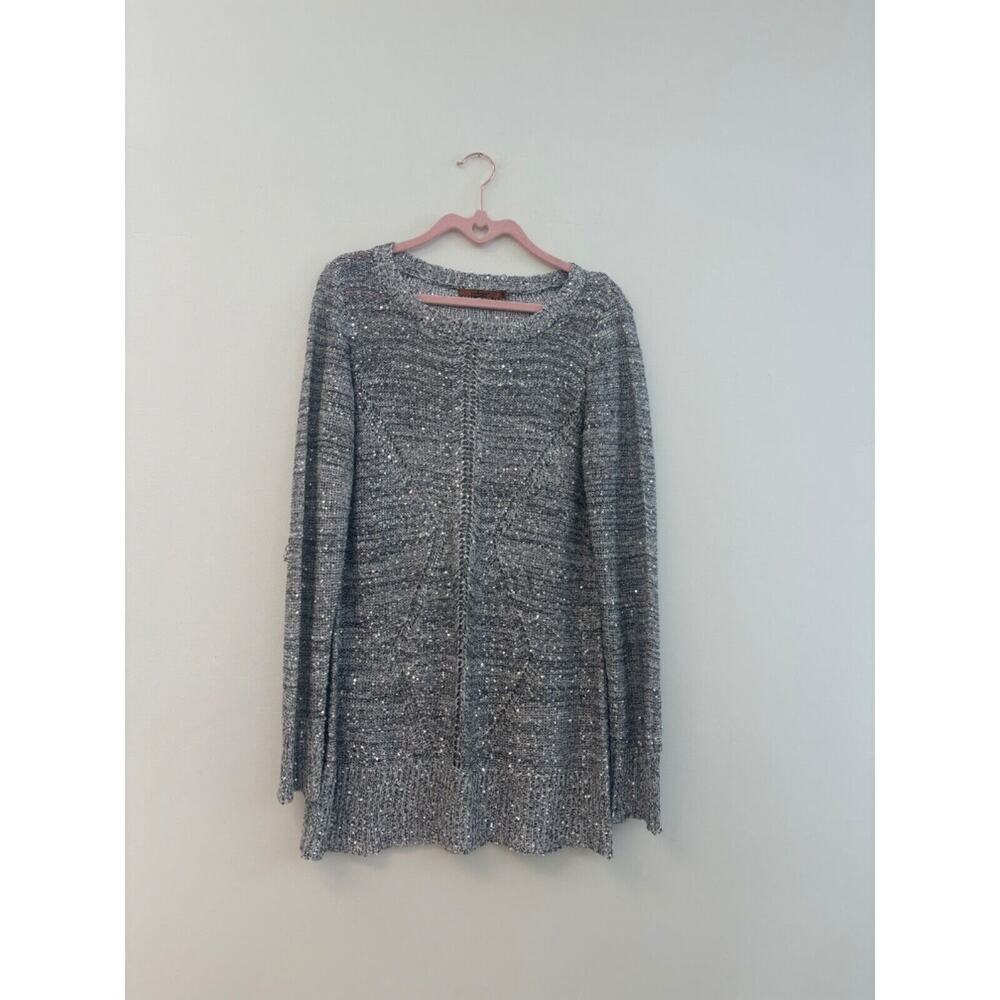 Beldini Silver‎ Metallic Sequin Knit Sweater Crew Neck Long Sleeve Grey Top